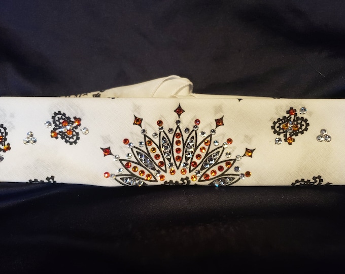Narrow White Paisley Bandana with Orange and Diamond Clear Austrian Crystals (Sku2033)