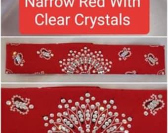 Narrow Red Paisley Bandana with Diamond Clear Austrian Crystals (Sku2103)