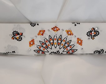 Narrow White Paisley Bandana with Orange and Diamond Clear Austrian Crystals (Sku2035)