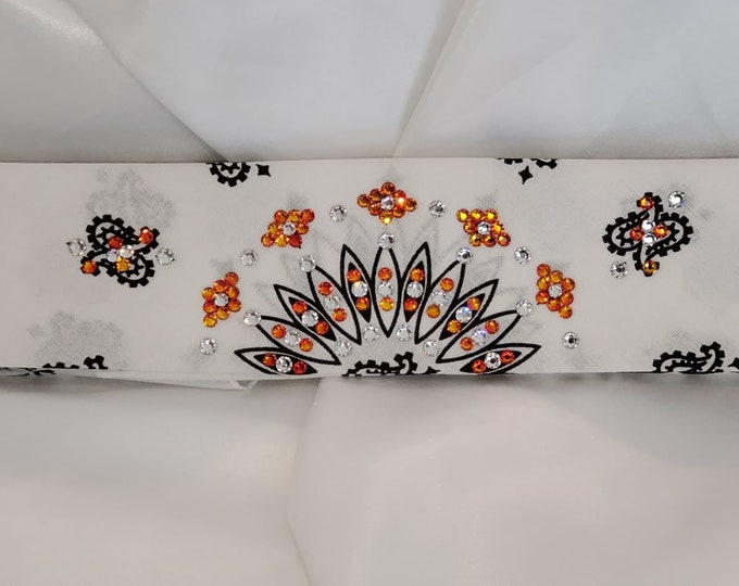 Narrow White Paisley Bandana with Orange and Diamond Clear Austrian Crystals (Sku2035)