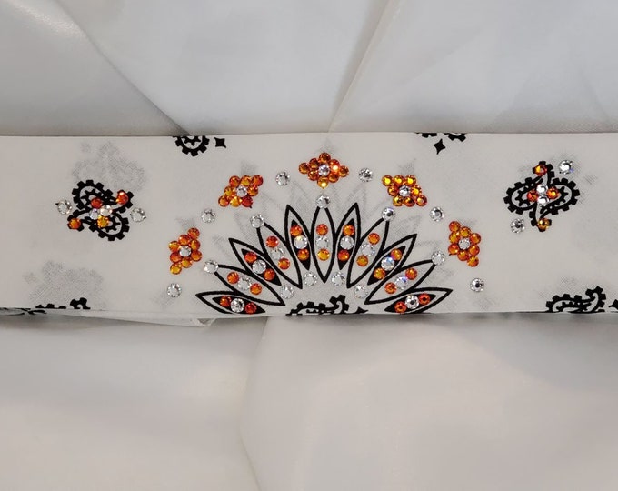 Narrow White Paisley with Orange and Diamond Clear Swarovski Crystals (Sku2035)