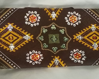 Aztec Brown Elephant with Orange, Light Green and Diamond Clear Austrian Crystals (Sku1176)