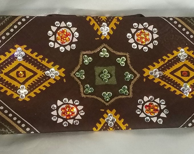 Aztec Brown Elephant with Orange, Light Green and Diamond Clear Austrian Crystals (Sku1176)