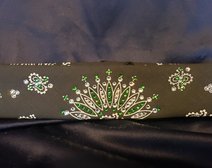 Narrow Black Paisley Bandana with Dark Green and Diamond Clear Austrian Crystals (Sku2078)