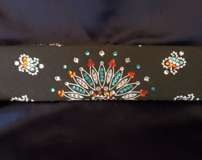 Narrow Black Paisley Bandana with Turquoise, Orange and Diamond Clear Austrian Crystals (Sku2083)