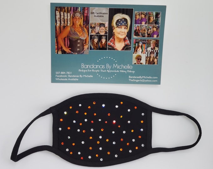 Black Face Mask with Orange and Diamond Clear Swarovski Crystals