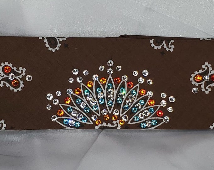 Narrow Brown Paisley Bandana with Turquoise, Orange and Diamond Clear Austrian Crystals (Sku2126)