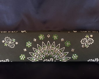 Narrow Black Paisley Bandana with Light Green and Diamond Clear Austrian Crystals (Sku2080)