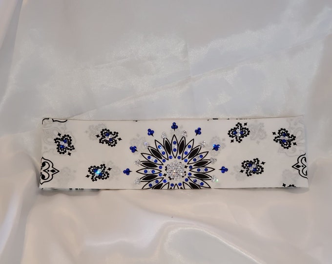 White paisley bandana with blue and clear Swarovski crystals (Sku2023)