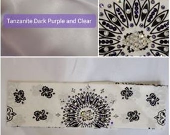 White Paisley Bandana with Dark Purple, Light Purple and Diamond Clear Austrian Crystals (Sku2017)