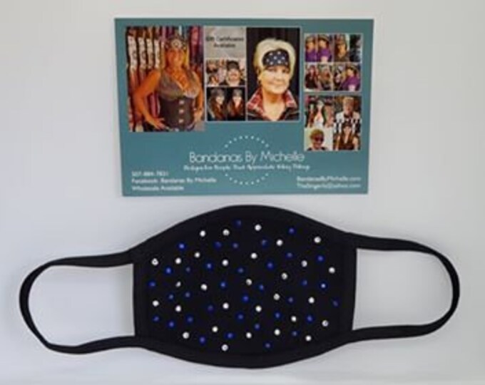 Black Face Mask with Blue and Diamond Clear Swarovski Crystals (Sku5915)