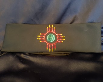 Zia on Black Bandana with Red, Yellow and Turquoise Austrian Crystals (Sku9703)