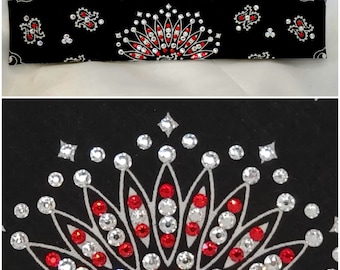 Narrow Black Paisley Bandana with Red and Diamond Clear Austrian Crystals (Sku2065)