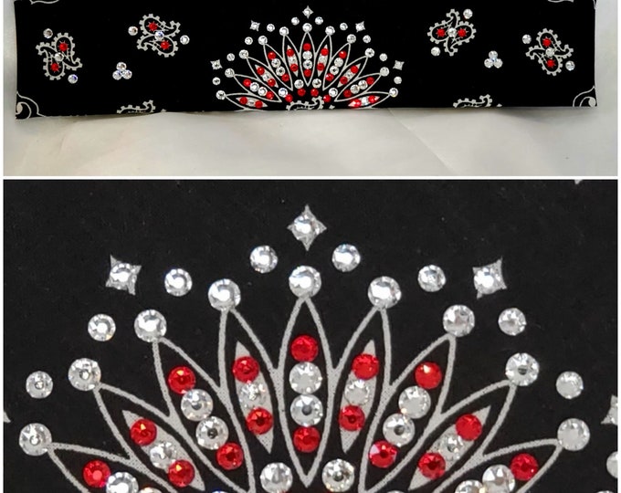 Narrow Black Paisley Bandana with Red and Diamond Clear Austrian Crystals (Sku2065)