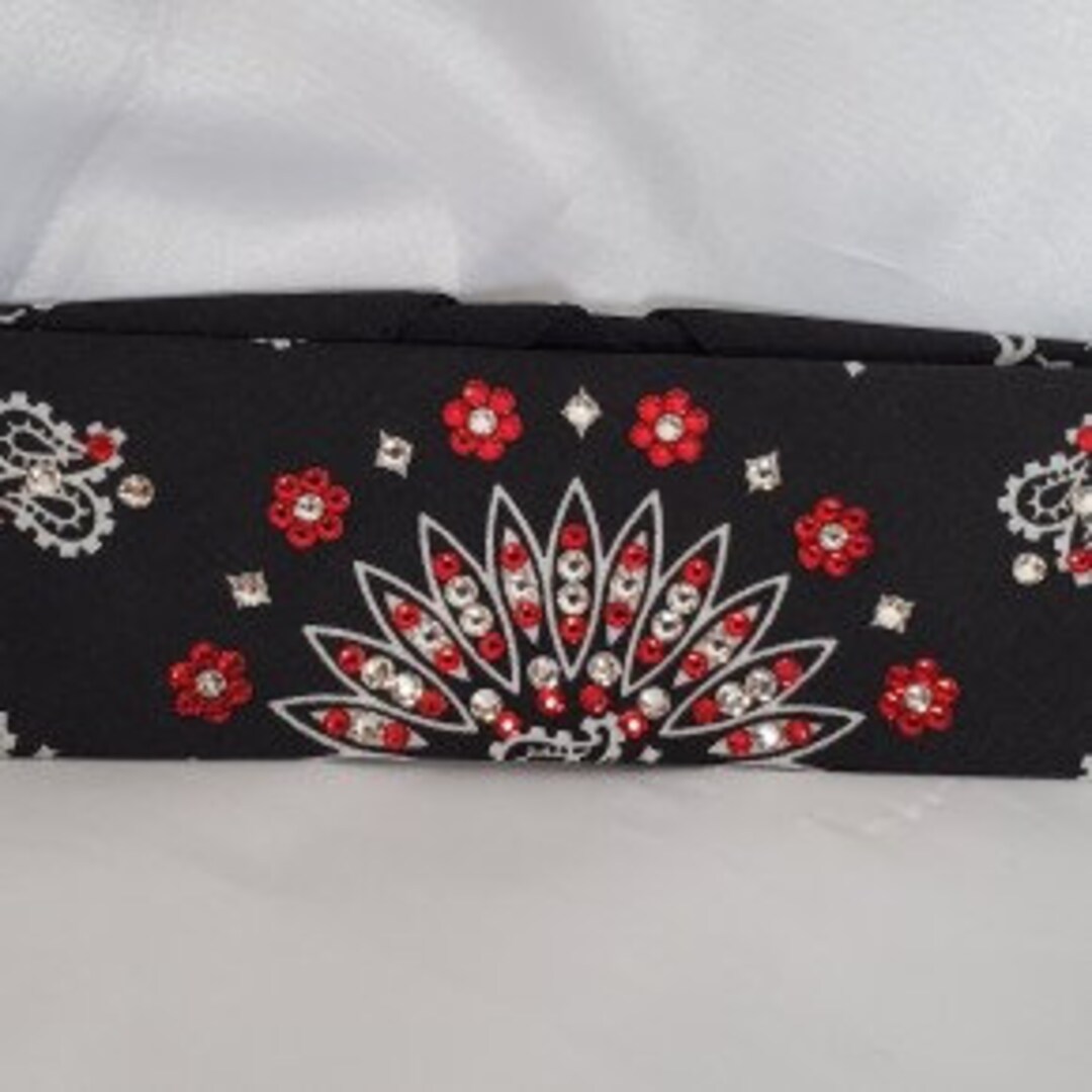 Paisley bandana Swarovski　Black×Red Narrow Black Paisley Bandana With Red and Diamond Clear