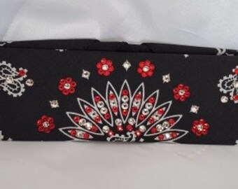 Narrow Black Paisley Bandana With Red and Diamond Clear Austrian Crystals (Sku2063)