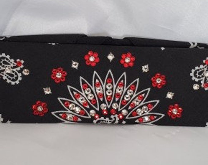 Narrow Black Paisley Bandana With Red and Diamond Clear Austrian Crystals (Sku2063)