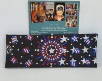 LeeAnnette Black Stars and Stripes Bandana mit Roten Klaren und blauen Swarovski Kristallen (Sku4907)