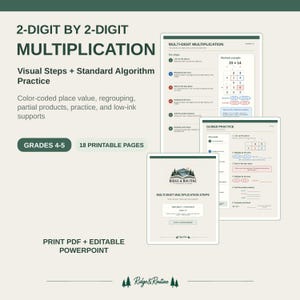 May include: A set of 18 printable educational pages for 2-digit by 2-digit multiplication, featuring visual steps, standard algorithm practice, color-coded place value, and partial products. Includes a PDF and editable PowerPoint for grades 4-5.
