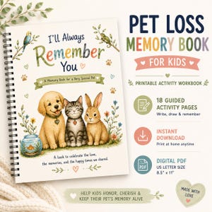 Puede incluir: Un libro de recuerdos para niños sobre la pérdida de mascotas con encuadernación en espiral e ilustraciones de un cachorro, gatito, conejo y pez dorado. El título es I'll Always Remember You. Incluye 18 páginas de actividades, 21,6 x 27,9 cm.