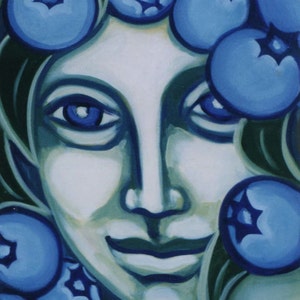 May include: A painting of a woman's face with blue blueberries surrounding her head. The woman has blue eyes and a gentle smile. The painting is done in a stylised, almost cartoonish style.