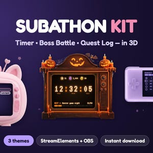 Twitch用サブアソンキット、サブアソンタイマー＋ボスバトル＋ゴールクエストログウィジェットバンドル、3DレトロTVストリームオーバーレイ、StreamElements