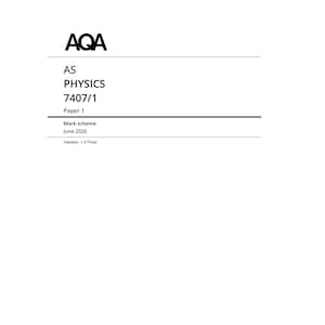 Könnte beinhalten: Ein weißes Dokumentendeckblatt mit schwarzem Text, der AQA, AS PHYSICS, 7407/1, Paper 1, Mark scheme, June 2026 und Version: 1.0 Final lautet. Der Text ist durch horizontale Linien gegliedert, die den Titel von den Details trennen.