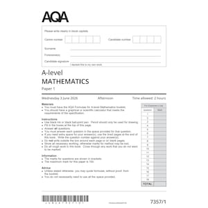 Könnte beinhalten: Ein weißes AQA A-level Mathematics Paper 1 Prüfungsdokument vom Mittwoch, den 3. Juni 2026. Es enthält Felder für Kandidatendaten, Anweisungen, Materialien und Informationen sowie eine Tabelle für Prüfernoten und einen Strichcode.