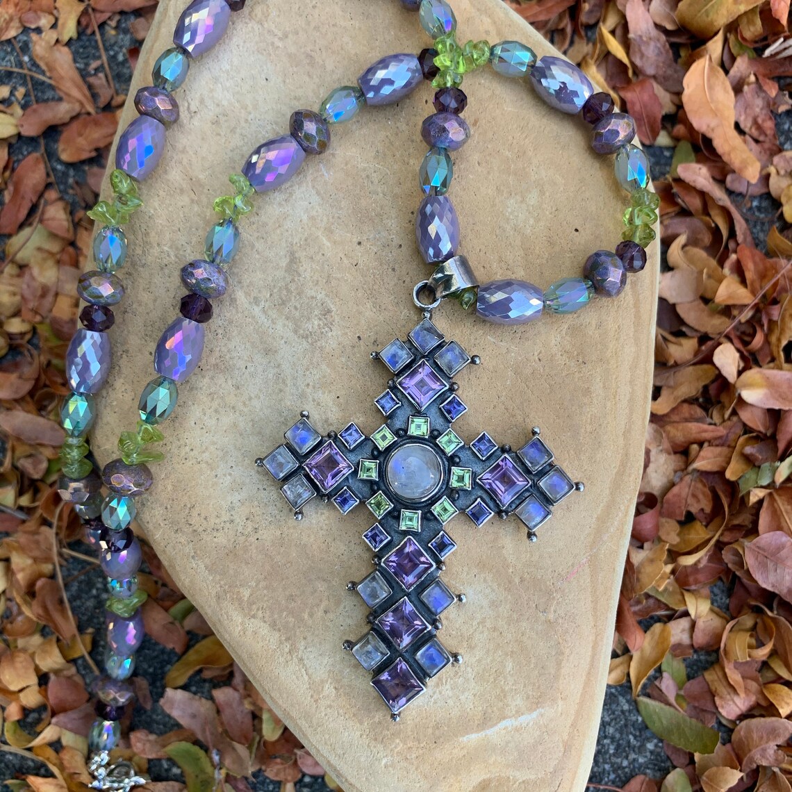 Amethyst Peridot and Moonstone CROSS NECKLACELavender Lime Etsy