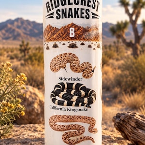 May include: A white cylindrical tumbler featuring the text RIDGECREST SNAKES and the letter B above a desert landscape graphic. It displays illustrations of a Sidewinder, a California Kingsnake, and a Mojave Patch-nosed Snake with labels.