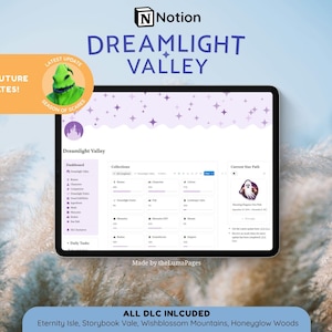 Może przedstawiać: Cyfrowy szablon pulpitu nawigacyjnego Notion dla Dreamlight Valley wyświetlany na ekranie tabletu. Interfejs zawiera fioletowy nagłówek z ikonami gwiazdek, boczne menu nawigacyjne, siatkę kolekcji oraz sekcję bieżącej ścieżki Star Path.