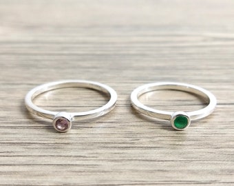 Personalized Birthstone Rings-Small 3mm Round Gemstone Sterling Silver Stackable Flat Band Ring, Minimalist Stacking Ring Size2-15