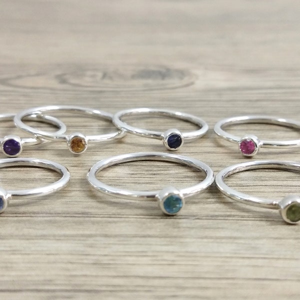 Personalized Birthstone Rings-Small 3mm Round Gemstone Sterling Silver Stackable Plain Band Ring, Birthstone Stacking Ring Size2-15