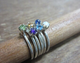 Minimalist Ring 4mm Round Facet Gemstone Sterling Silver Stackable Ring , Garnet/Amethyst/Blue Topaz/Smoky Topaz/Peridot... Size 2-15