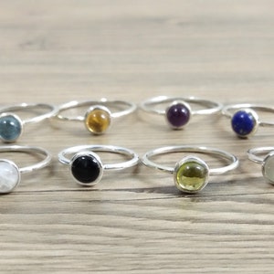 Personalized Birthstone Rings-Stunning 6mm Cabochon cut Gemstone Sterling Silver Stackable Plain Band Ring, Minimalist Ring Size2-15