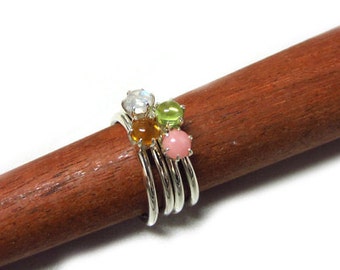 4mm Round Cabochon Gemstone Stackable Ring Sterling Silver, Prong set, Birthstone Stacking Ring, Size 2-15