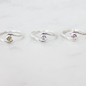 Personalized Birthstone Waves Rings small 3mm Round Gemstone Sterling Silver Stackable Plain Band Ring, Birthstone Stacking Ring Size2-15