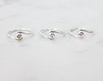 Personalized Birthstone Waves Rings small 3mm Round Gemstone Sterling Silver Stackable Plain Band Ring, Birthstone Stacking Ring Size2-15