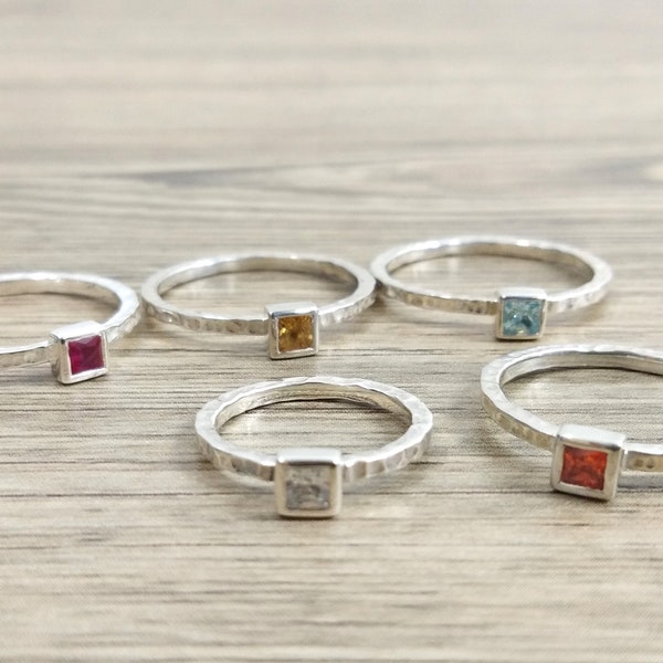 Personalized Birthstone Rings-Small 3mm Square Gemstone Sterling Silver Stackable Hammered Flat Band Ring, Minimalist Ring Size2-15