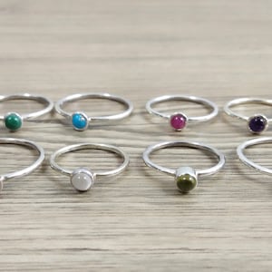 Personalized Birthstone Rings-Round 4mm Cabochon cut Gemstone Sterling Silver Stackable Plain Band Ring, Minimalist Birthstone Ring Size2-15