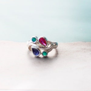 Personalized Lab created Ruby Emerald Sapphire Teardrop Pear shaped Gemstone Sterling Silver Ring