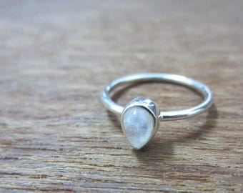 Pear shaped Rainbow Moonstone Stackable Ring Sterling Silver, June Birthstone Stacking Ring, Bezel Set, Size 2-15