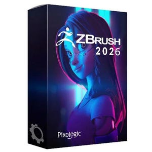 May include: A rectangular software product box featuring the ZBrush 2026 logo in white text. The box displays a stylized digital illustration of a person with long dark hair, illuminated by vibrant blue and magenta neon lighting effects.