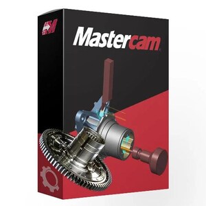 May include: A rectangular software box for Mastercam featuring a black and red background. The front displays a 3D mechanical rendering of a metallic gear assembly with a brown tool component and light blue digital path lines.