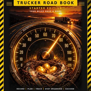 May include: A book titled MILENEST TRUCKER ROAD BOOK STARTER EDITION. The cover features a speedometer gauge, a bird's nest with three golden eggs, and a truck on a highway at sunset. Text includes: YOUR MILES HAVE A HOME, RECORD, PLAN, TRACK, STAY ORGANIZED, SUCCEED.