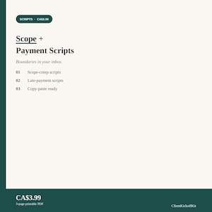 Può includere: Un documento digitale intitolato Scope + Payment Scripts con il sottotitolo Boundaries in your inbox. Il testo elenca tre punti: 01 Scope-creep scripts, 02 Late-payment scripts e 03 Copy-paste ready. Lo sfondo è bianco sporco.