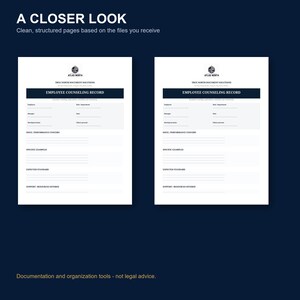 May include: Two identical white documents titled Employee Counseling Record with the Atlas North logo at the top. The forms include fields for employee, manager, date, and department, with sections for issue, specific examples, and expected standards.