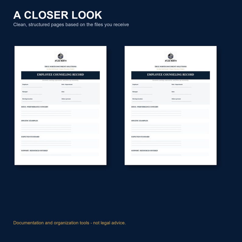 May include: Two identical white documents titled Employee Counseling Record with the Atlas North logo at the top. The forms include fields for employee, manager, date, and department, with sections for issue, specific examples, and expected standards.
