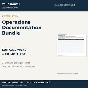 Peut inclure: Ensemble de documentation opérationnelle avec 7 modèles aux formats Word modifiable et PDF remplissable. Comprend 21 pages de modèles par format, un guide client et une feuille de suite. Texte incluant True North, An Atlas North brand.