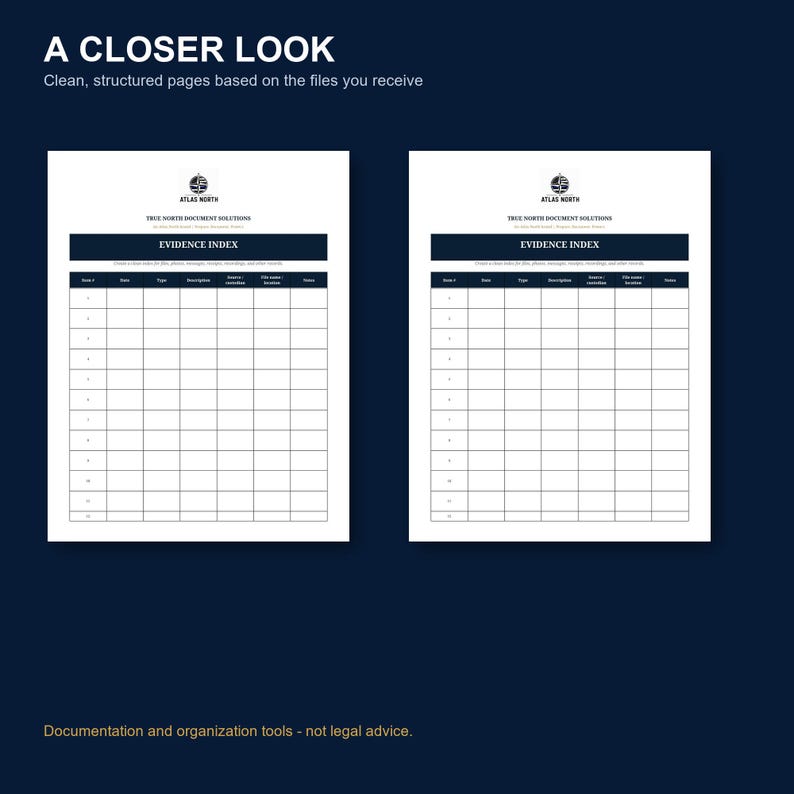 May include: Two white document pages titled EVIDENCE INDEX with the Atlas North logo at the top. Each page features a dark blue header and a grid table with columns for Item #, Date, Type, Description, Source/Location, File Index/Location, and Notes.